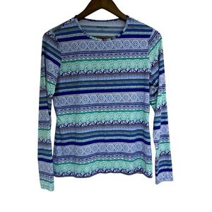 Lands End Top Womens S Green Blue Stripe Rash Guard Swim Top Stretch Lightweight